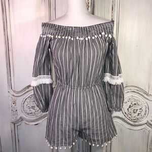 Miao Miao 100% Cotton Smocked Neckline PomPom Accented Long Sleeve Romper S/S